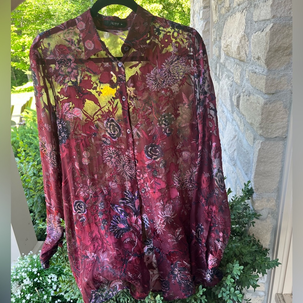 ETRO Silk Floral Button Down Shirt Semi-Sheer Wine colour Size 8 Like New - Picture 1 of 15